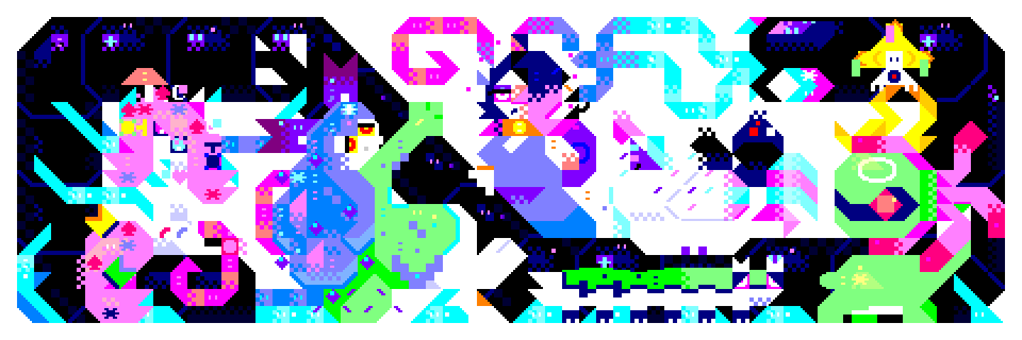an elaborate banner done in petscii style containing many characters. from left to right: sylveon, nudibranch, slug, bugbird, owl, eevee, jirachi, cradily, and a centipede