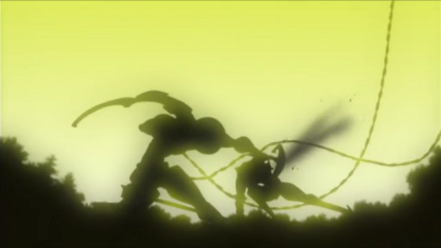 Silhouette of Getter Robo, weakened, after slicing through a villain