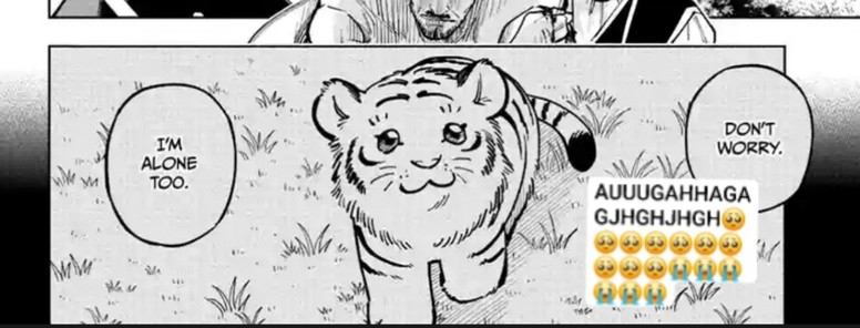 Little tiger cub looks up at someone off screen. A man speaks to him "don't worry, I'm alone too"Crying emoji ensue from me