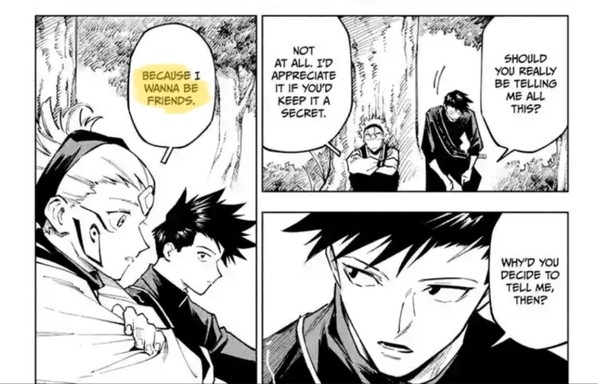Tsurugi asks Maru why is he sharing classified information to him and Maru replies in highlighted text that he wants to make friends