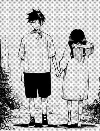 Tsurugi holding Yuka by the hand while she cries. His head is bleeding