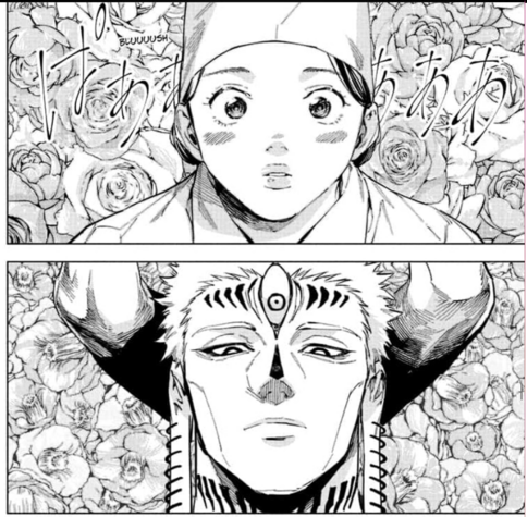 Chef lady stares up at Dabura and blushes. Dabura looks down at her in indifferenceThere are flowers behind them
