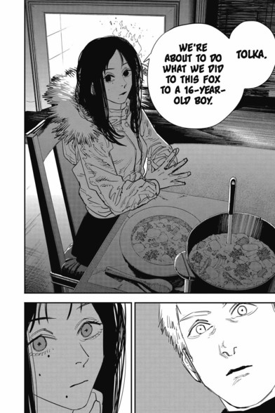 A dark haired girl tells a light haired man named Tolka that they were about to do "What we did to this fox to a 16-year-old boy." As in slaughter himTheir eye contact seems tense on the mans side, calm on the girls side