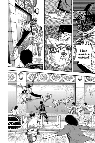 Denji runs away from people being puppeteered around to kill him, exclaiming that he doesn't want to be a murderer, as in killing innocents in this case