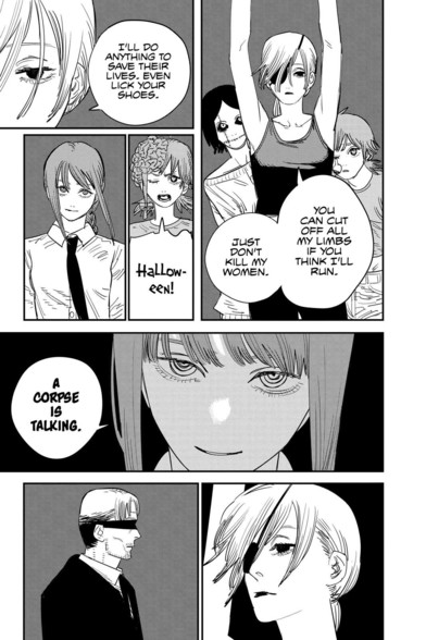 Quanxi pleads for her girlfriends to be spared. Makima says, a corpse is talking, and kills her. Her previous coworker is right there, blindfolded, having heard her be decapitated