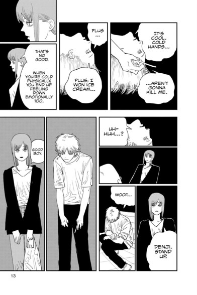 Makima treats Denji like a dog and orders him around. He barks.