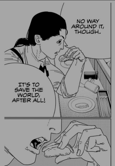 barem eats sushi made of nayutas body parts, and says it is to save the world after all, so there is no way around it