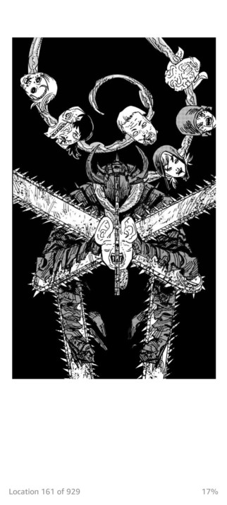 a composition of chainsaw man holding peoples decapitated heads in a spiral