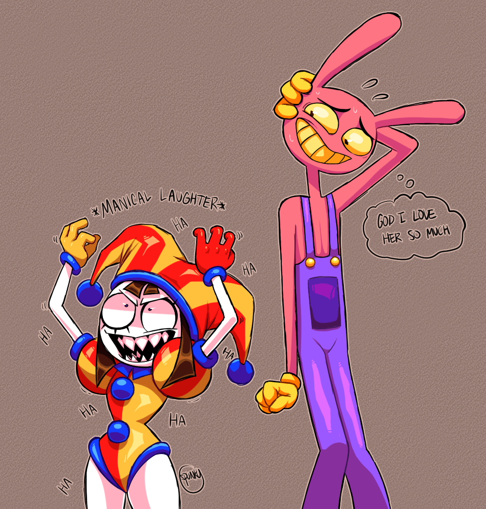 Drawing of Evil Pomni and evil Jax. Pomni is laughing maniacally and Jax is looking at her thinking "God I love her so much".