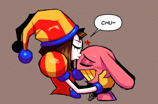 Evil Pomni is kissing Evil Jax's forehead. 

Text: "chu~"