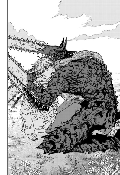 denji being hugged by chainsawman devil/pochita