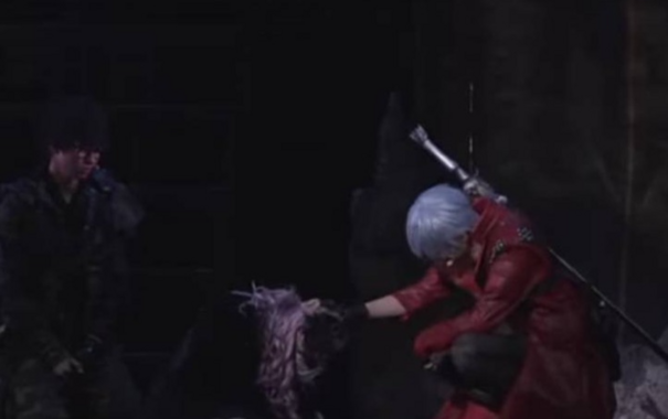 Dante headpatting Eris, who has her head lowered in a sign of apology