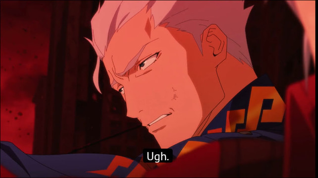 Pic of silver haired character in a blue suit eye rolling and going "ugh" in a apocalyptic setting. It is Vergil from Netflix DMC