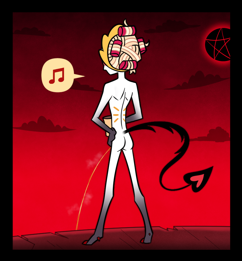 Panel 1: Lucifer is nude, from the back, with his hair in curls (implying he just woke up out of bed). He is pissing off of a cliff, holding a mug, and whistling to himself.