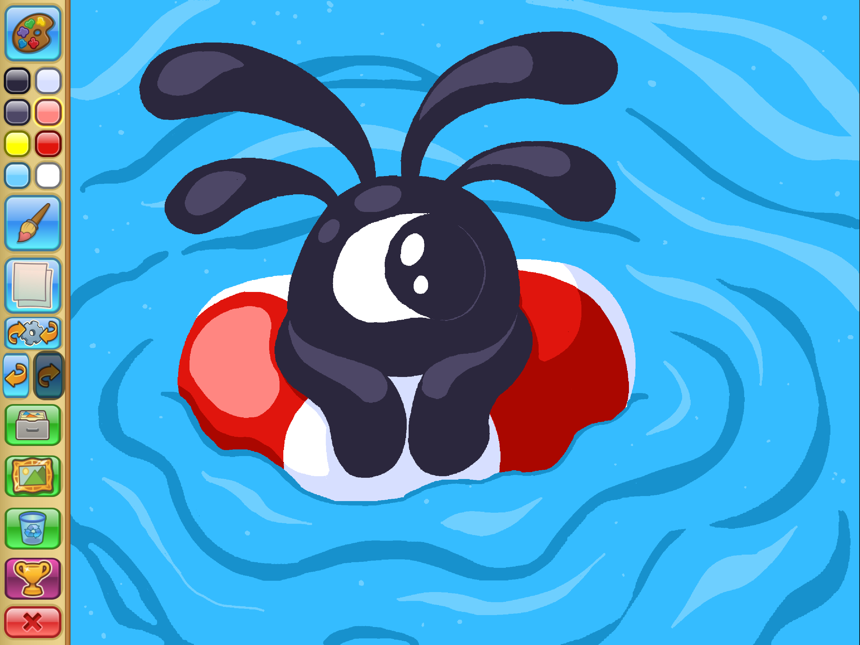 A drawing of a Phantom from animal jam floating on water in an inner tube. To the left, the Animal Jam Play Wild painting program UI is visible.