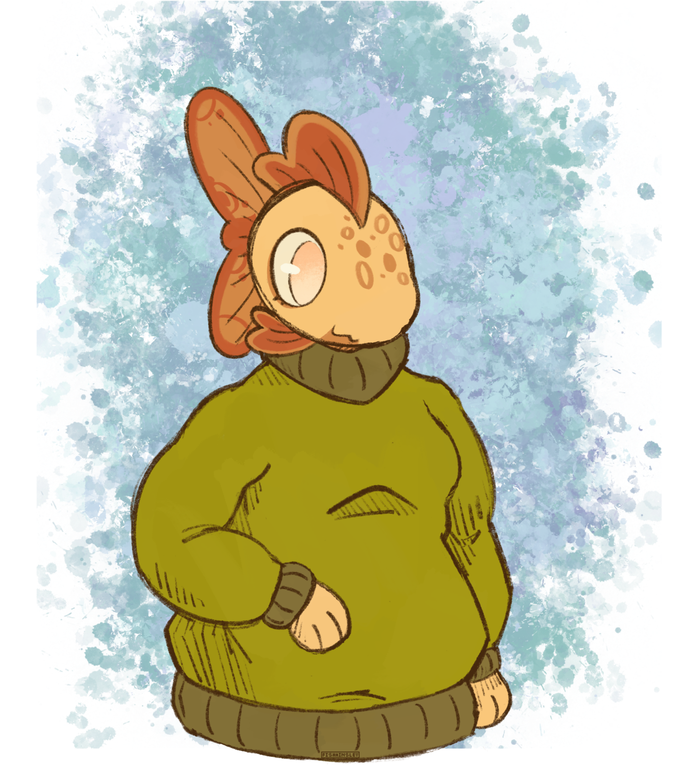a drawing of an anthro fish in a sweater