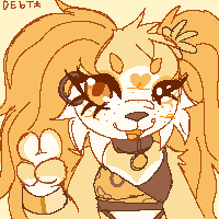 A pixel drawing of an anthro yellow dog with BIG fluffy ears. She is smiling with a peace sign.