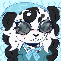 A pixel drawing of a white dalmation with black spots and long black braids coming down for ears. It is wearing a cute blue bandana and sport black glasses.