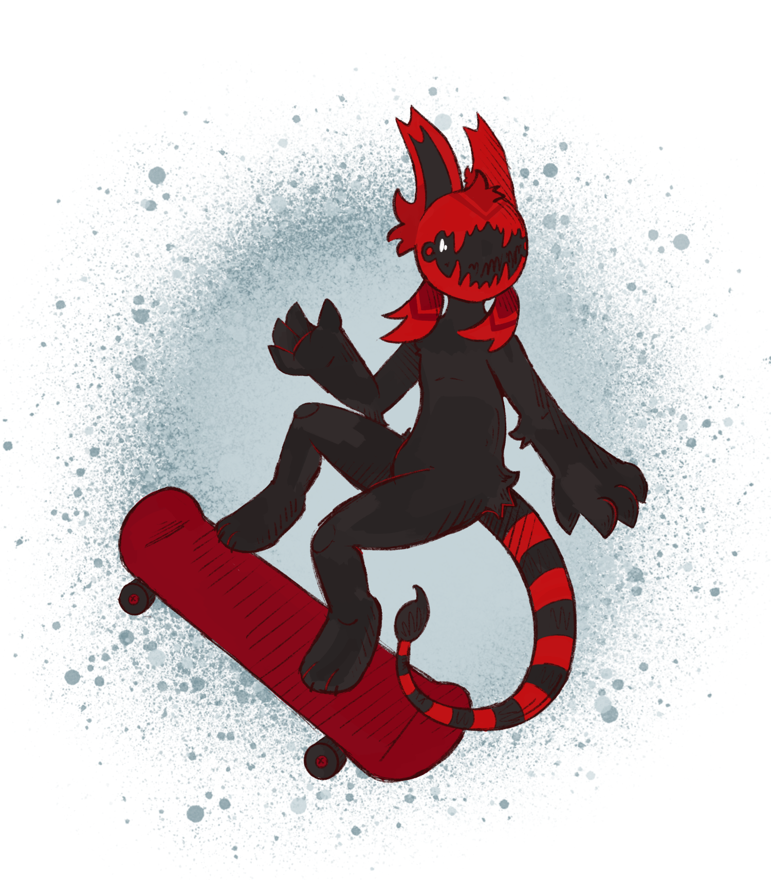 A drawing of a black anthro wearing a red helmet with a teeth design. It is doing a sick af skateboard trick.