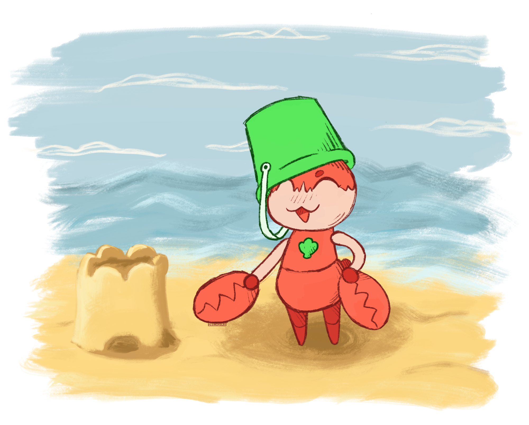 a drawing of a nano amicabot with crab claws and a bucket as a hat proudly showing off their sandcastle.