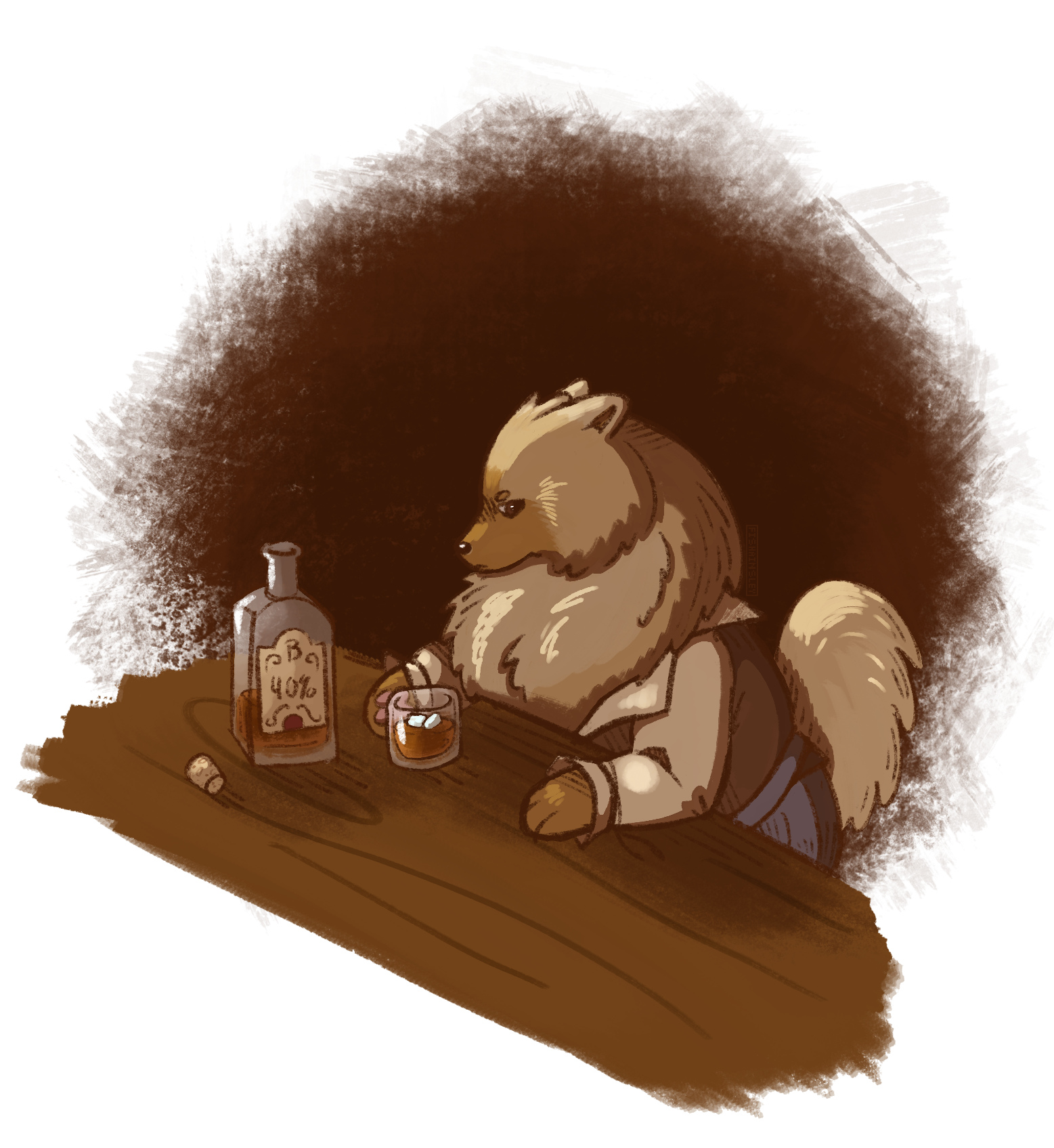 a digital art piece of a melancholic anthro pomeranian dog drinking bourbon at a bar.
