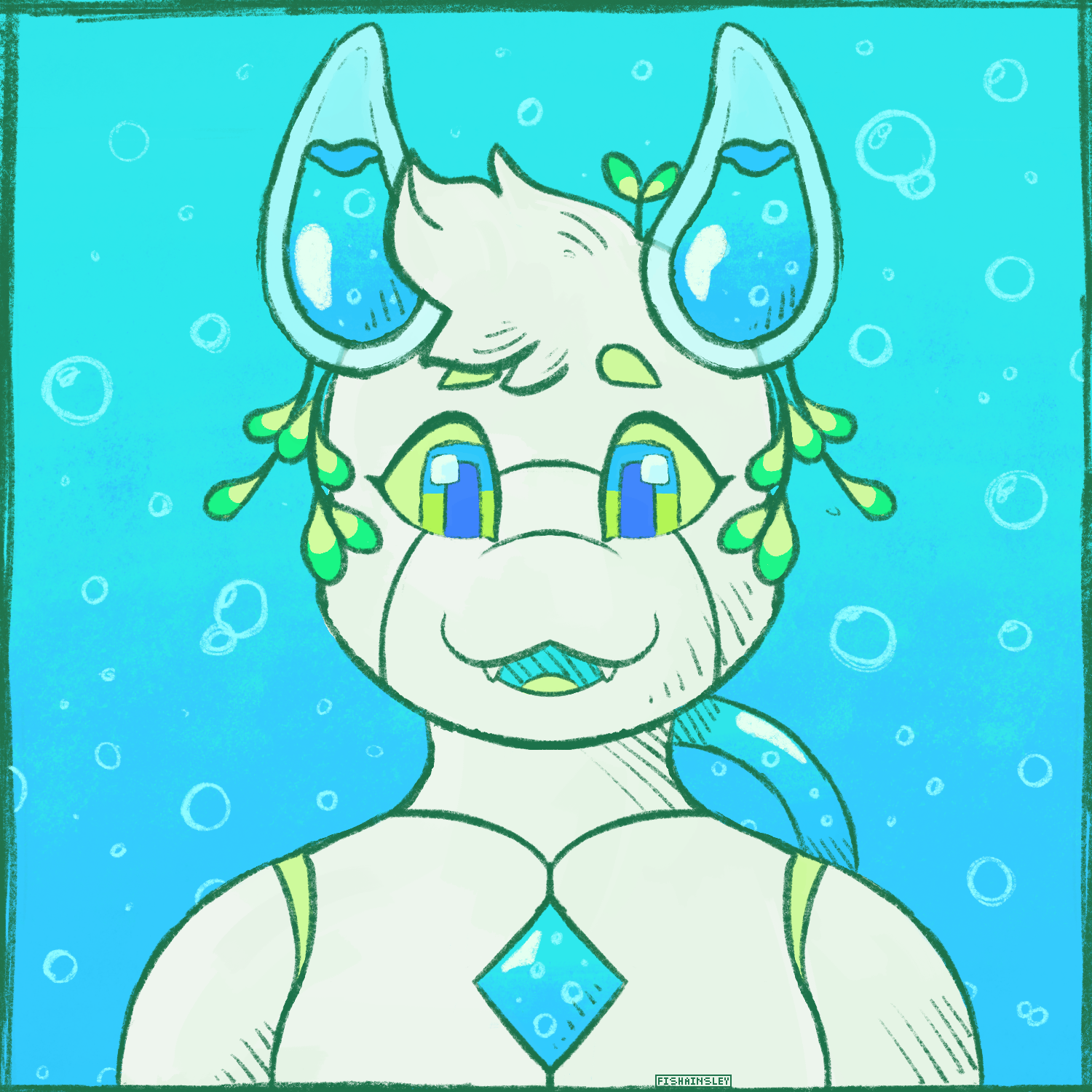 A drawing of an off-white robot with green eyes, blue liquid filled horns and core, and seedling accessories.