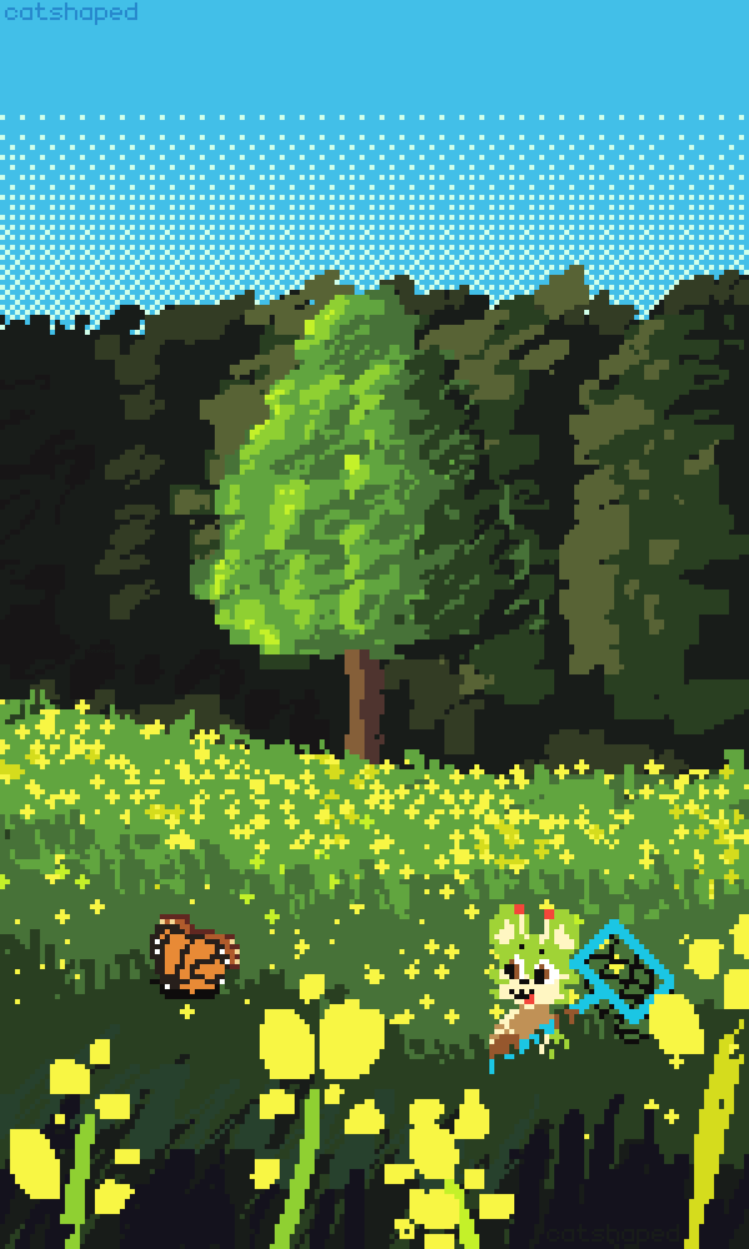 in a pixel art scene of a meadow of yellow flowers surrounded by trees, an anthro character with a blue butterfly net chases an orange butterfly through the tall grass