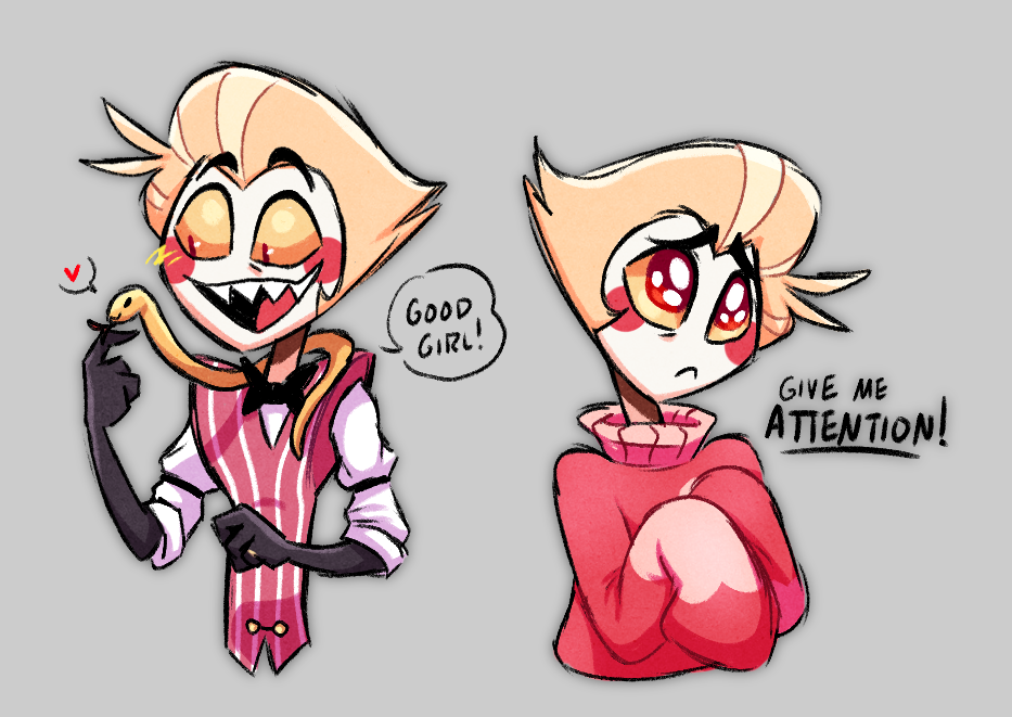 Two doodles of Lucifer Morningstar from Hazbin Hotel. 
1st: He has a snake around his neck. His is letting her sniff his finger while smiling and saying "Good girl!" 
2nd: He is wearing his sweater and pouting, with big shining eyes. 
"Give me attention!" It says next to him.