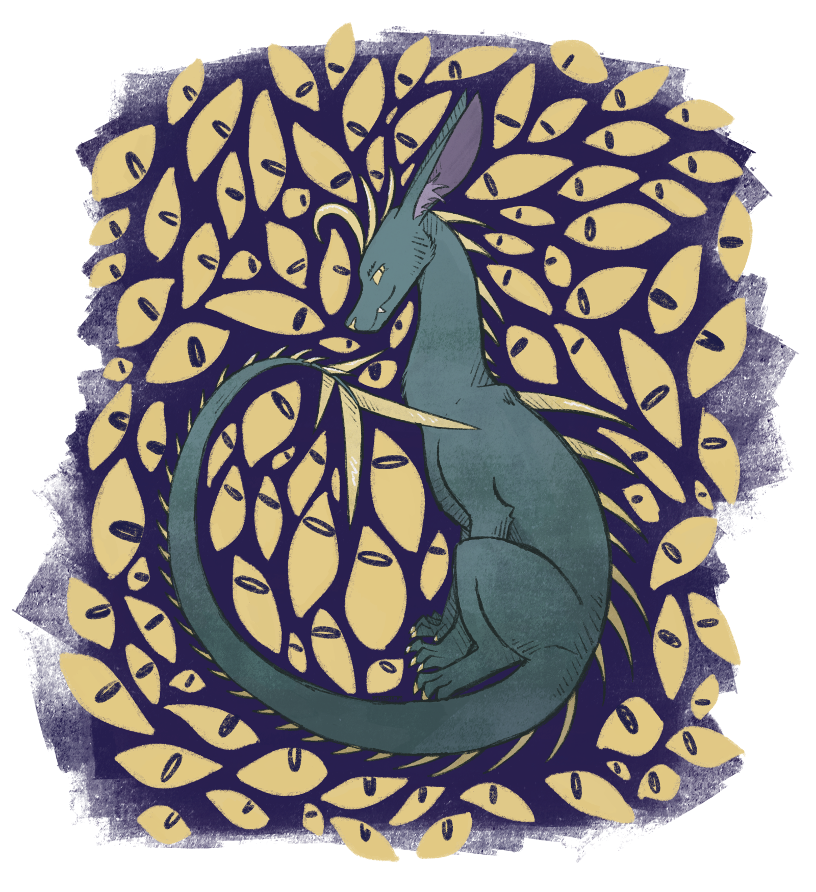 A drawing of a teal dog/dragon-like creature with many yellow spikes and a long, whiplike tail. They are sitting with their tail curled around themself. The background is full of yellow eyes.