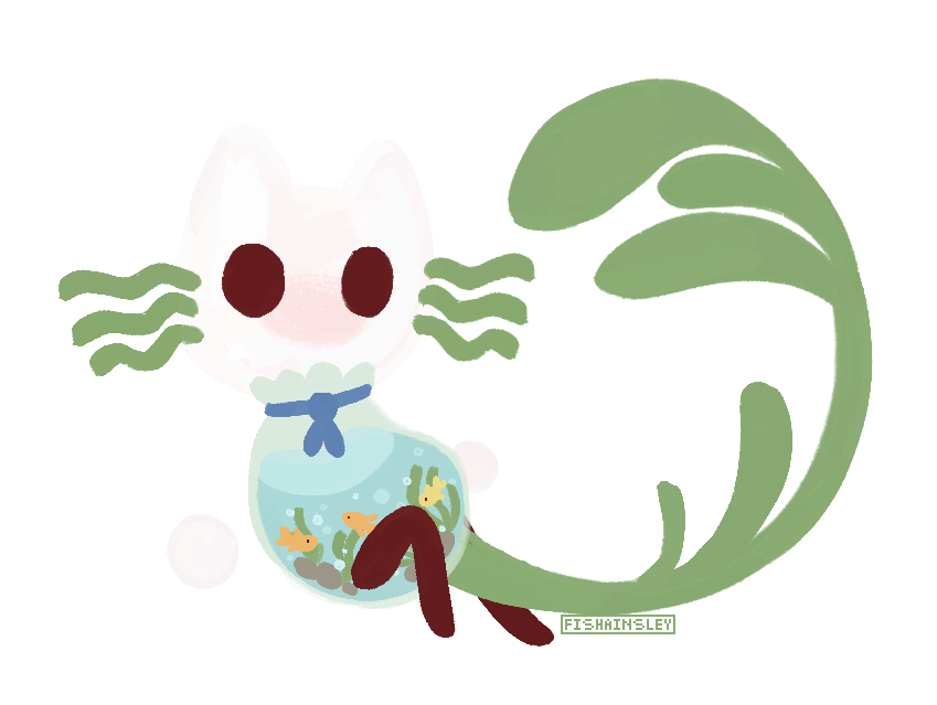 A drawing of an abstract white anthro cat—like creature with a plant tail and whiskers, and a body consisting of a bag of fish.