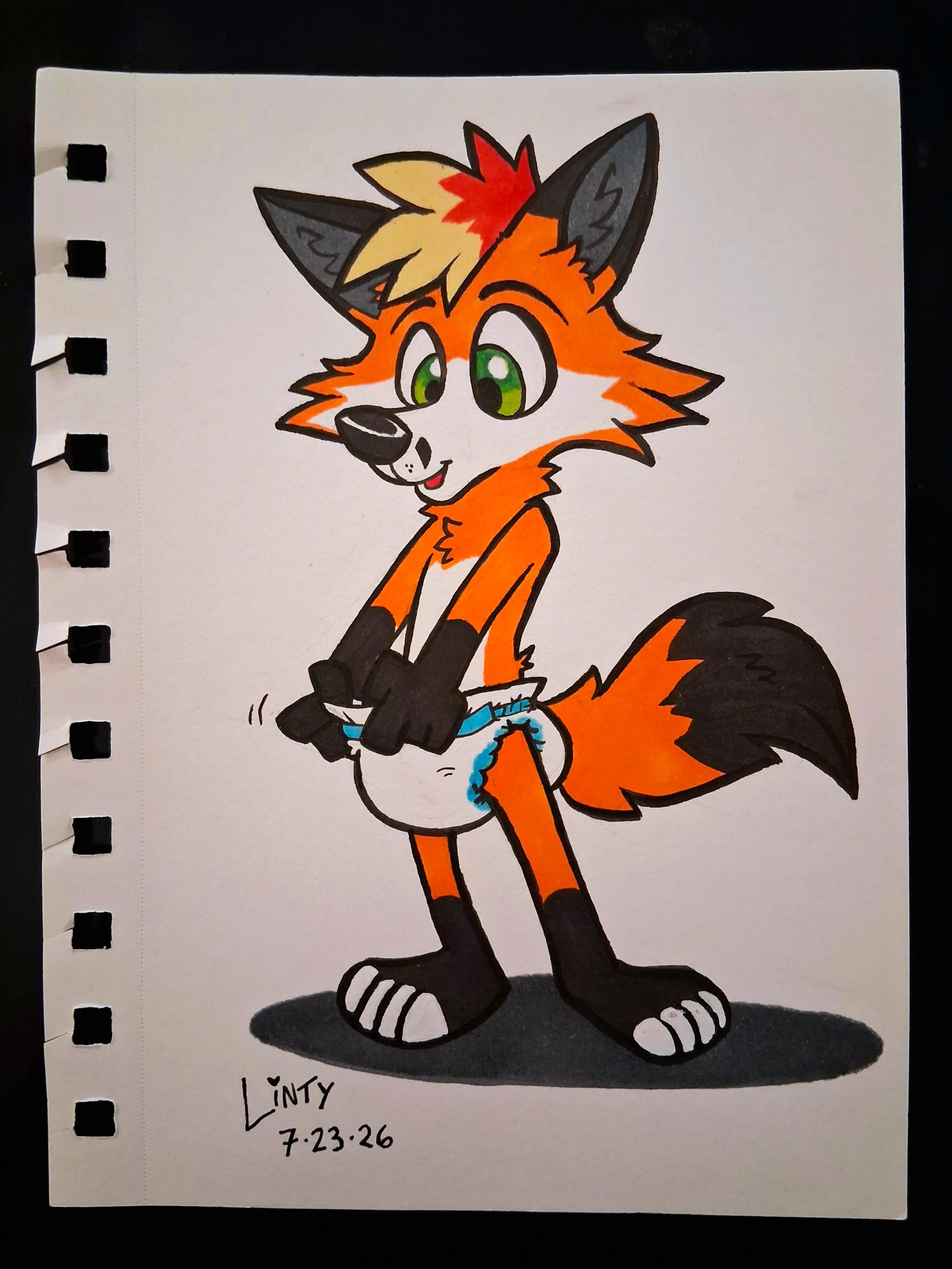 A traditional art ink and marker drawing of Riley, a young anthro fox. He's wearing a diaper, and peeking into it with a small smile. making sure he's dry, or checking out what he's got down there?