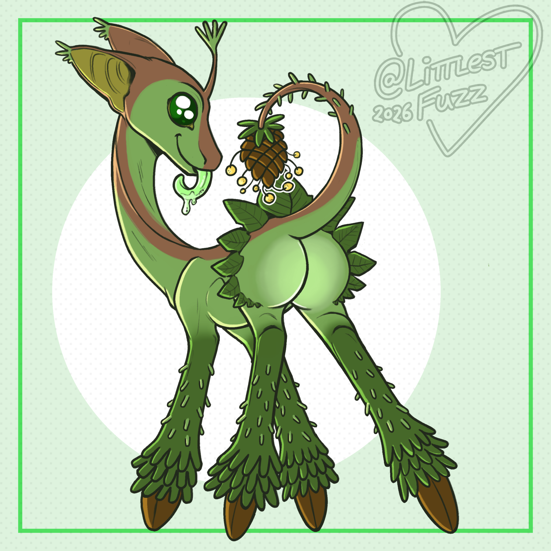a full-body portrait of a plantlike, quadrupedal alien. it has long green legs, similar to an ungulate that end in leafy fronds draping over a hooflike dark brown protrusion. it has a long neck, ending in a stubby face with a sprout coming out of its forehead. it has large batlike ears, large glittering eyes, and a long tapered neon green tongue oozing with slime. it's pointing it's cute round rear towards the viewer, which is framed by a fan of leaves. its tail is adorned with a pinecone-like bulb, sprouting several pollen stamen.